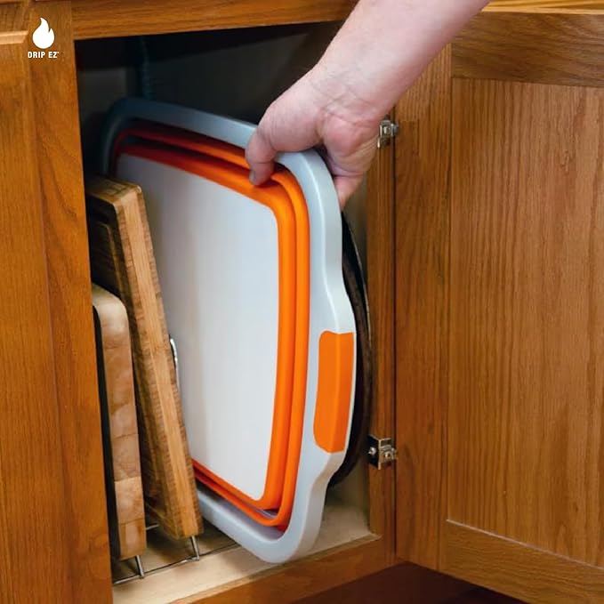 Drip EZ Collapsible BBQ Prep Tubs 3-Piece Set- For Meal Prep Marinating Food Storage - Includes Cutting Board & Lid - (1) JR + (1) OG + (1) XL - Orange