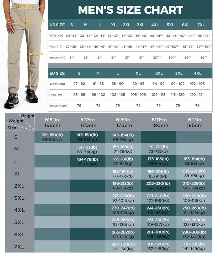 Wespornow Men's-Convertible-Hiking-Pants Quick Dry Lightweight Zip Off Breathable Cargo Pants for Outdoor, Fishing, Safari