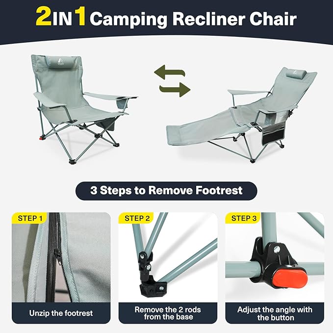 2-in-1 Reclining Camping Chair, Portable Folding Beach Lounge Chair with Footrest & Adjustable Backrest, Comfortable Lawn Chair for Adults Heavy Duty with Cup Holder for Outdoor Poolside Sports