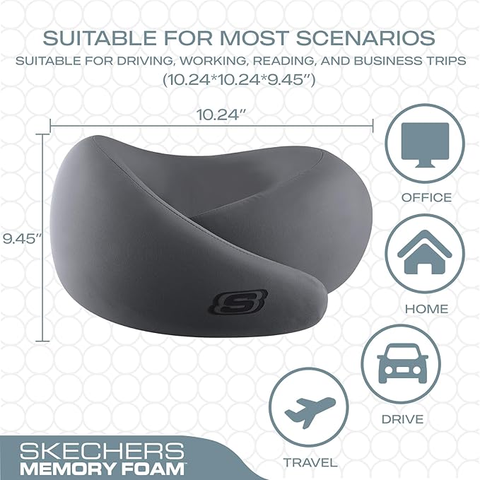 Skechers Memory Foam Travel Pillow,Comfortable & Breathable Airplane Travel Essential, Neck Pillow for Travel, Car Rides, Home, and Office Use, Ergonomic Design for Men and Women,Gray