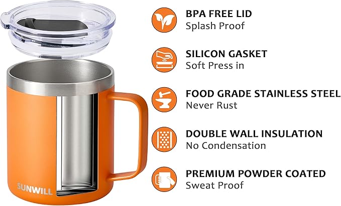 SUNWILL Insulated Coffee Mug with Lid, Travel Tumbler with Handle, 14 oz Stainless Steel Cup for Camping, Office, Home, Powder Coated Orange