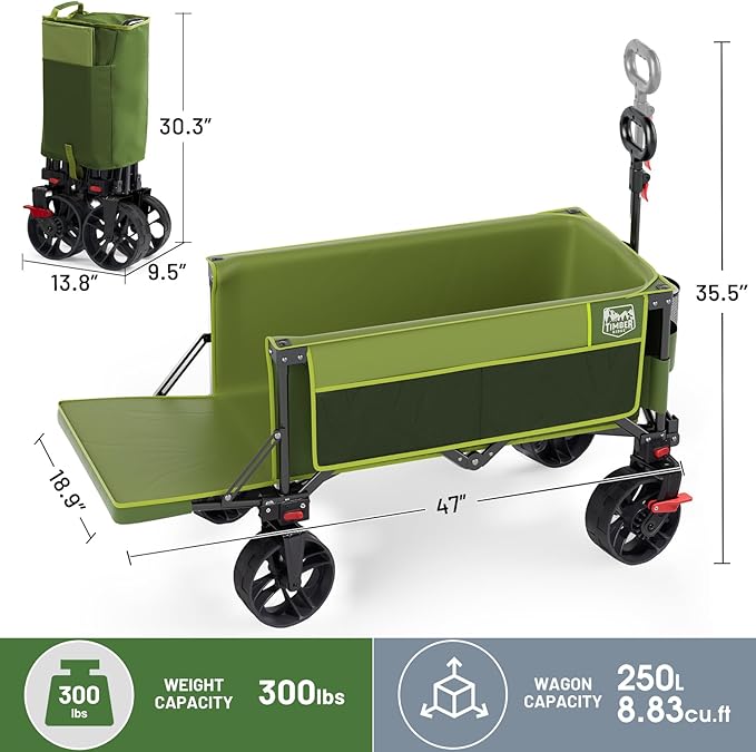 Timber Ridge 47" L Collapsible Wagon with Tailgate & Brake, 300lbs Heavy Duty Beach Wagon with All-Terrain Big Wheels, 250L Foldable Utility Cart for Sand Camping Sports Shopping, Green