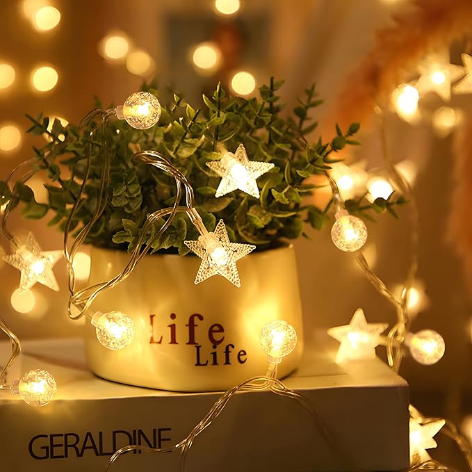 Crystal Globe & Star String Lights Plug in - 72 FT 160 LED Star Fairy String Lights with Remote Control Timer Waterproof Indoor Outdoor Hanging Globe Lights for Bedroom Wedding Party Patio Warm White