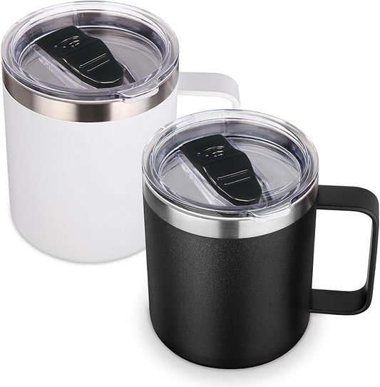 Volhoply 14oz Insulated Stainless Steel Coffee Mug with Lid Bulk 2 Pack,Double Wall Vacuum Travel Coffee Cup with Handle,Reusable Cups Tumbler Cup,Camping Mugs Keep Hot,Ideal Gifts(Assorted,2)