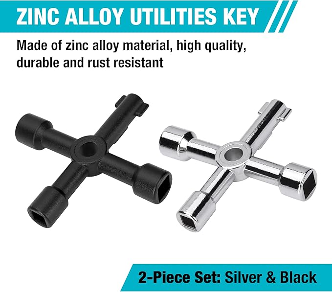 DURATECH 4 Way Utilities Key, Multi-functional Water Key Set, 2-Pack, for Valve, Faucet, and Spigots