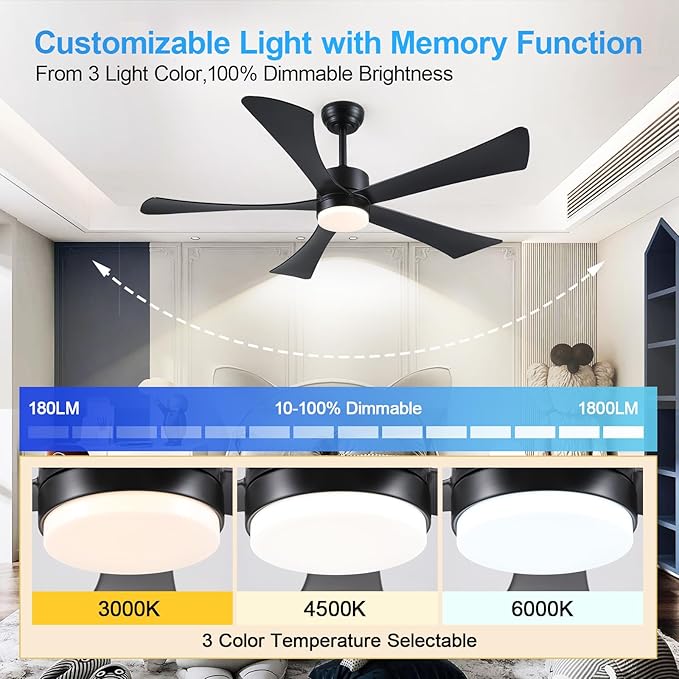Ceiling Fans with Lights with Remote, Downrod, Bedroom Living Room (Black, 52 inch)