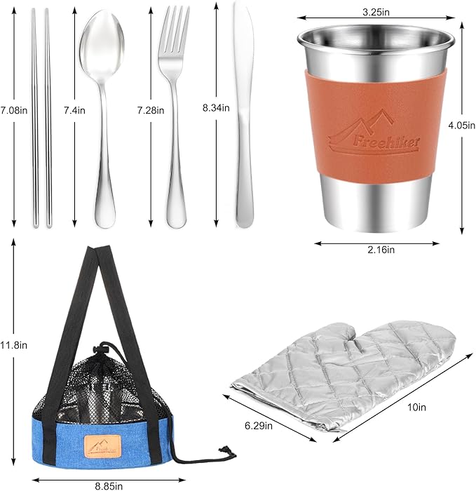 Camping Mess Kit - 1 to 2 persons Camping Dishes includes Cups, Bowls, Knives, Forks, Spoons, Camping Dinnerware Set Camping Cooking Utensils Accessories Plates Dinnerware Set