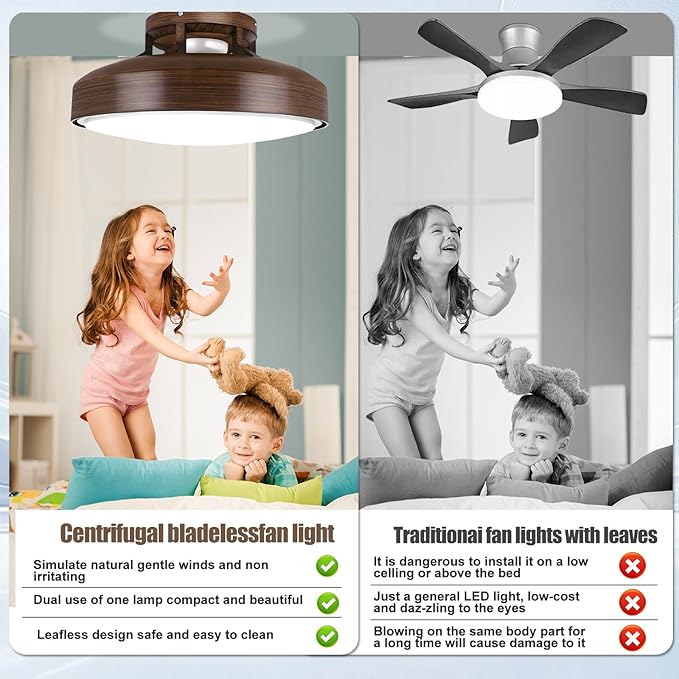 20" Bladeless Ceiling Fan with Light and Remote, LED Low Profile Flush Mount Ceiling Fan with 6 Speed Dimmable, 3000-6000K, Enclosed Modern Ceiling Fans for Bedroom Living Room (Round)