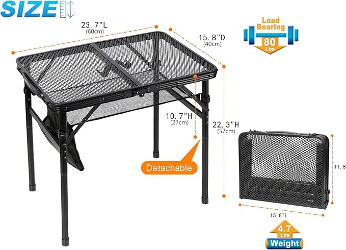 Small Floding Grill Table with Mesh Layer, 2 Height Adjustable, Portable & Lightweight Metal Camping Table for Outdoor, Beach & BBQ - Compact (2 FT, Black)