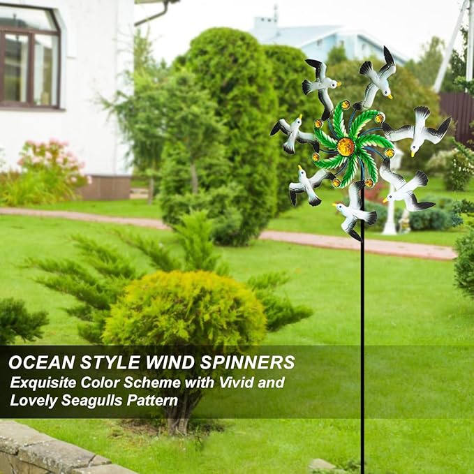 Seagull Wind Spinners - 39" Ocean-Themed Metal Wind Sculptures Garden Stake Art, 13.5” Windmill Yard Kinetic, Outdoor Decor for Patio & Lawn - Metal Beach Sculpture with Seagull Design