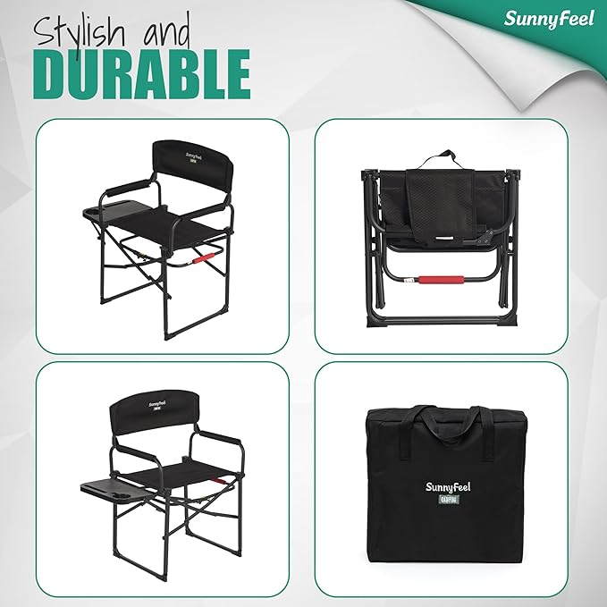 SUNNYFEEL Camping Directors Chair, Heavy Duty,Oversized Portable Folding Chair with Side Table, Pocket for Beach, Fishing,Trip,Picnic,Lawn,Concert Outdoor Foldable Camp Chairs