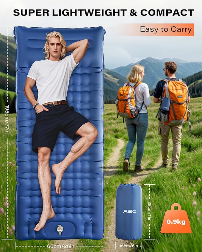 A2C Camping Sleeping Pad, Ultralight Inflatable Sleeping Pads with Built-in Foot Pump & Pillow, Compact Camping Mattress for Backpacking, Hiking, and Traveling