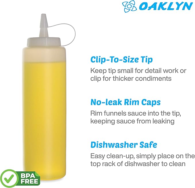 Oaklyn Reusable Squeeze Bottles 16oz 6 Pack - Leak Proof, BPA-Free Plastic Bottles for Sauces & Liquids, Easy to Clean
