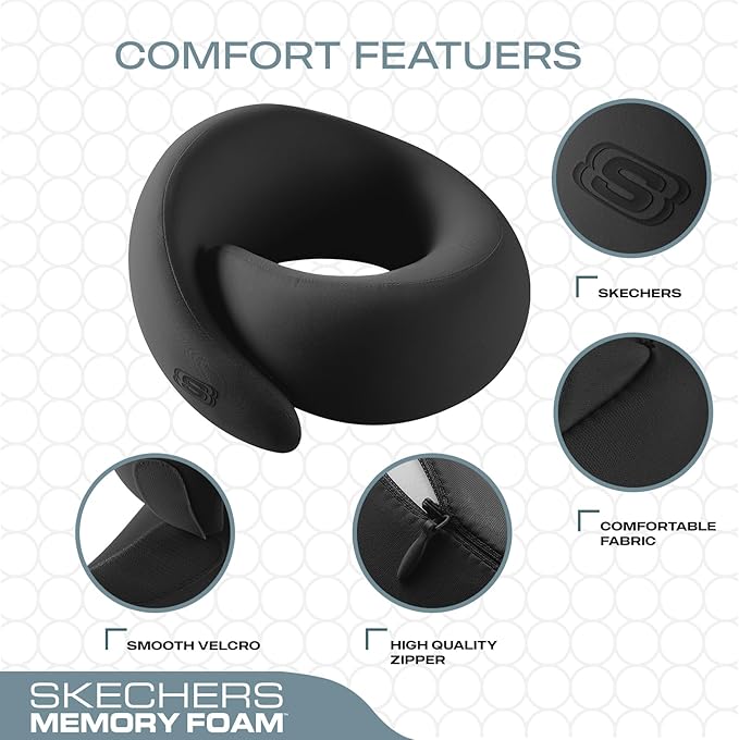 Skechers Memory Foam Travel Pillow,Comfortable & Breathable Airplane Travel Essential,Neck Pillow for Travel,Car Rides,Home, and Office Use,Ergonomic Design for Men and Women,Black