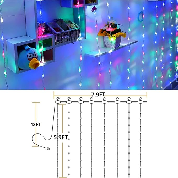 YEOLEH Curtain String Lights, Waterproof Copper Wire Curtain Lights with Control, 8 Modes USB Fairy Lights Plug in Good for Wedding Bedroom Party Home Christmas Decorations,(Colorful,7.9Ft x 5.9Ft)