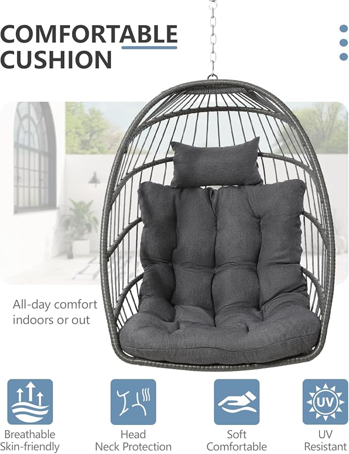 SWITTE Egg Chair Outdoor with Footrest & Stand, Indoor Wicker Hanging Egg Swing Chair with Cushion for Patio, Bedroom, Garden - Dark Gray