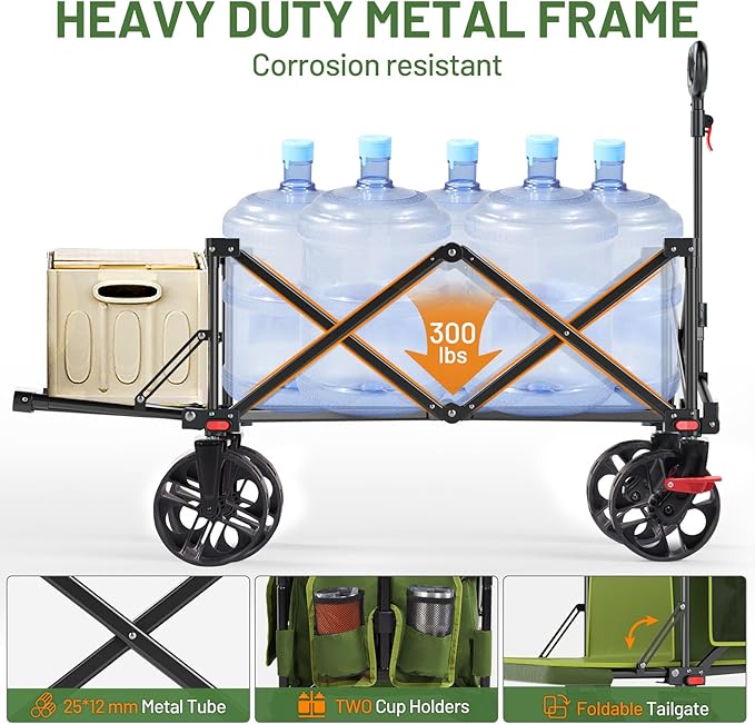 Timber Ridge 47" L Collapsible Wagon with Tailgate & Brake, 300lbs Heavy Duty Beach Wagon with All-Terrain Big Wheels, 250L Foldable Utility Cart for Sand Camping Sports Shopping, Green