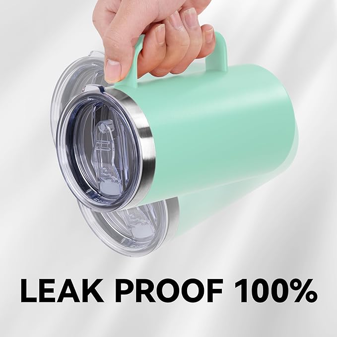 DOMICARE 24oz Mug with Handle and Lid, Stainless Steel Coffee Mug, Travel Mug with Handle, Double Wall Vacuum Coffee Tumbler, Reusable Insulated Cup, Mint Green, Pack 8