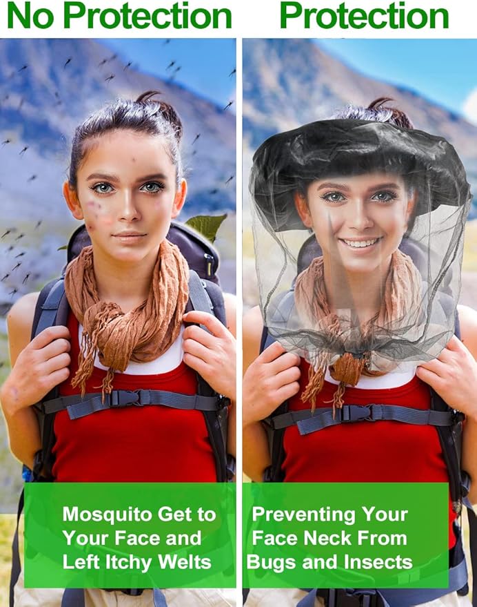 Wohohoho Mosquito Head Net Mesh With Drawstring, Bug Face Shield for Hats, Beekeeper Mask Protection for Men & Women Against Midges, Bugs & Gnats (2 Packs, Grey, Updated Big Net)