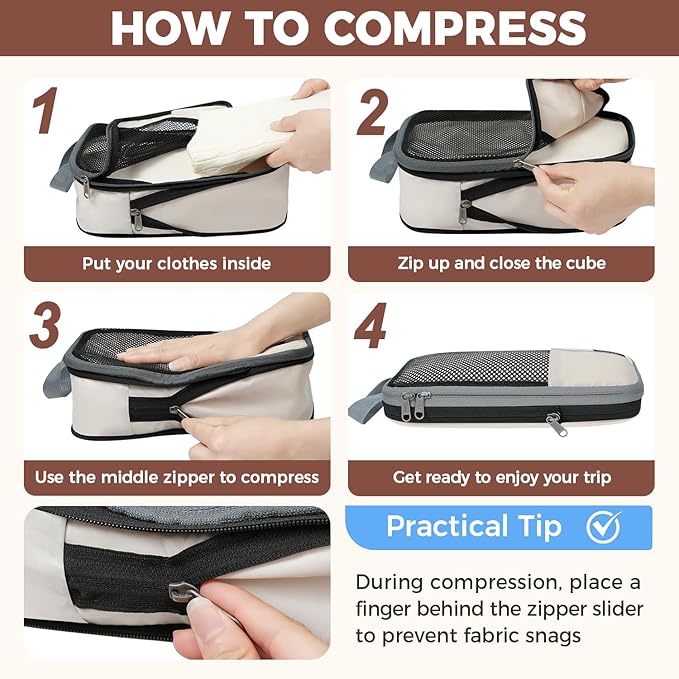 BAGAIL 4 Set/6 Set/8 Set Compression Packing Cubes Travel Accessories Expandable Packing Organizers (Half Mesh, 8-Beige)