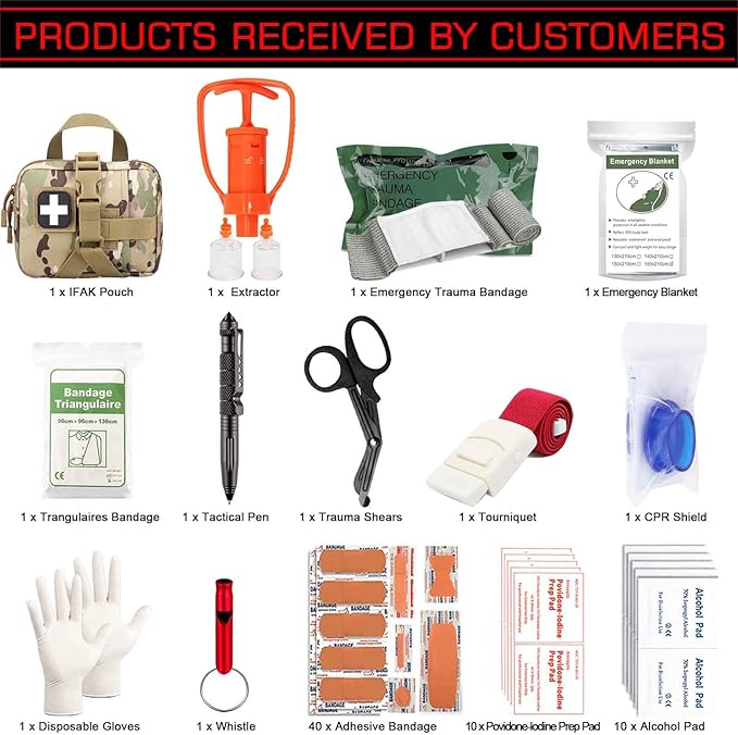 Tactical Ifak Trauma Kit - Emergency First Aid Bleeding Control Kit, Snake Bite & Bee Sting Supplies, Venom Extractor Pump