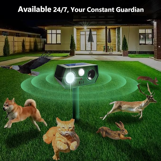 4 Pack 2025 Solar Animal Repeller Deer Repellent Devices Ultrasonic Cat Repellent Outdoor Motion Activated Animal Deterrent for Squirrel Rabbit Raccoon Skunk Dog Bird with Flash Lights for Yard Garden
