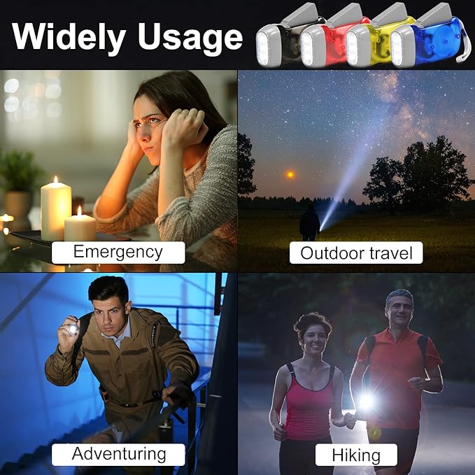 Leelosp 48 Pcs Hand Crank Flashlight No Battery Required Cranked Flashlight Manual Press Flash Light 3 LED Squeeze Light for Camping Hiking Power Outage Gift(Red Blue Yellow Gray)