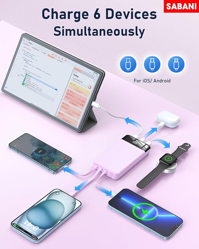 SABANI Portable Charger 35000mAh Power Bank - Portable Battery with 4 Built in Cables, 22.5W Fast Charging Battery Pack Compatible with iPhone 16 15 14 13 Samsung Android Phone etc (1 Pack, Purple)