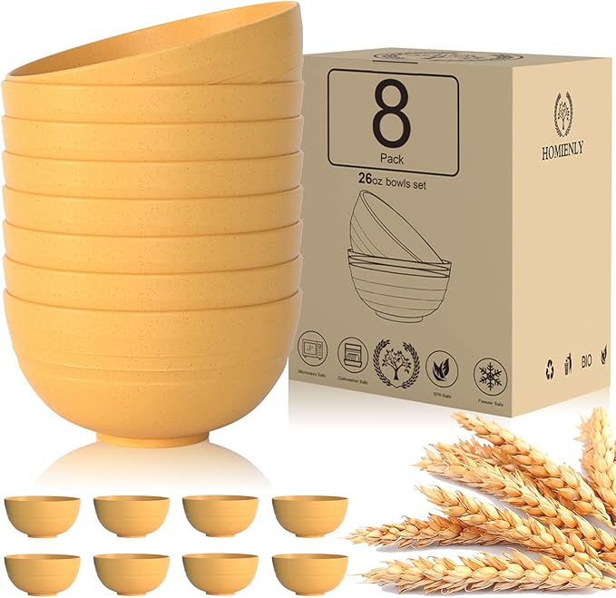 Homienly Cereal Bowl Set, Wheat Straw Bowls Set of 8, Alternative to Plastic Bowls Reusable, Unbreakable Lightweight Bowl for Kitchen, Outdoor, Party, Micriwave Safe Cereal Bowl (Yellow, 26 OZ)