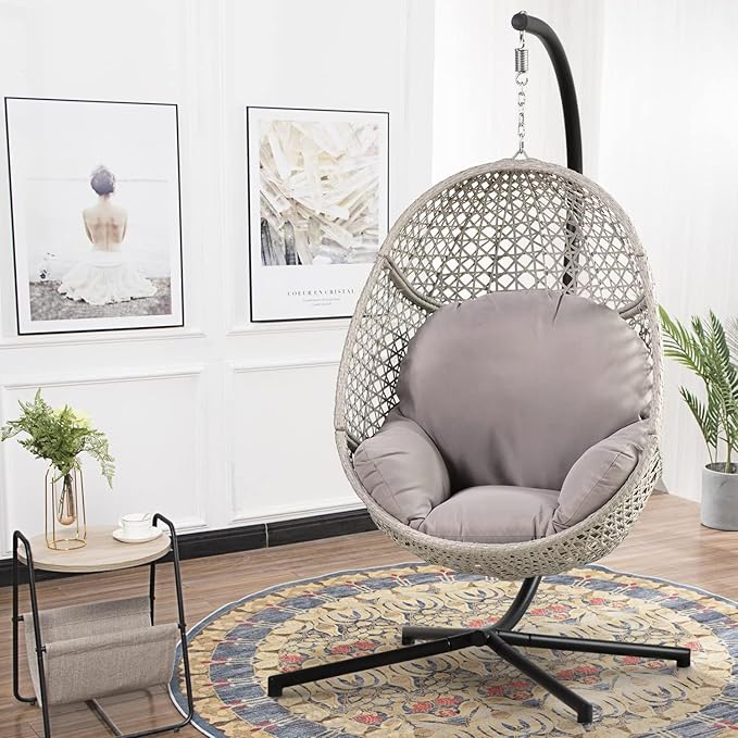 Hanging Egg Chair with Stand, Wicker Egg Swing Chair PE Rattan Hanging Chair Comfort Cushion, 350LBS Capacity for Indoor Bedroom Outdoor Porch Garden (Grey)