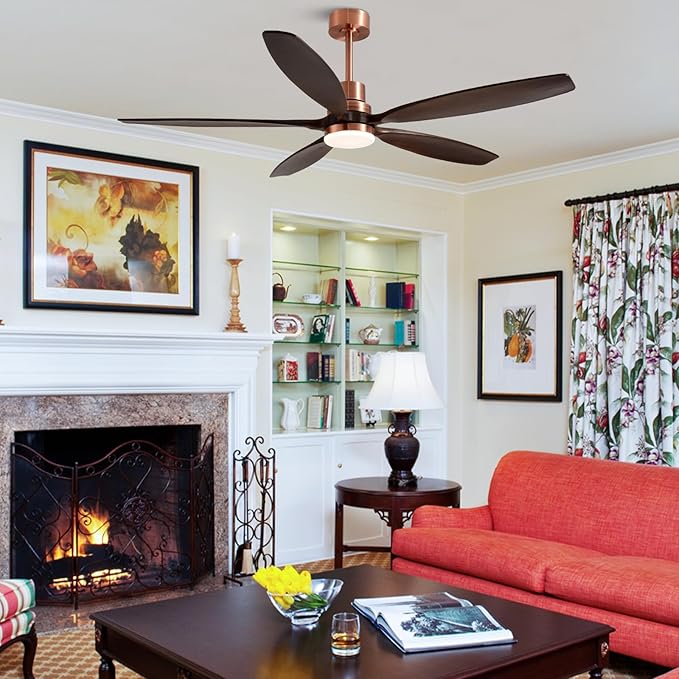 60" Ceiling Fan with Light and Remote,Reversible DC Motor,6Speed,Modern Natural Wood Ceiling Fan with Dimmable LED for Outdoor Patios Bedroom Living Room,Black Walnut and Red Brass