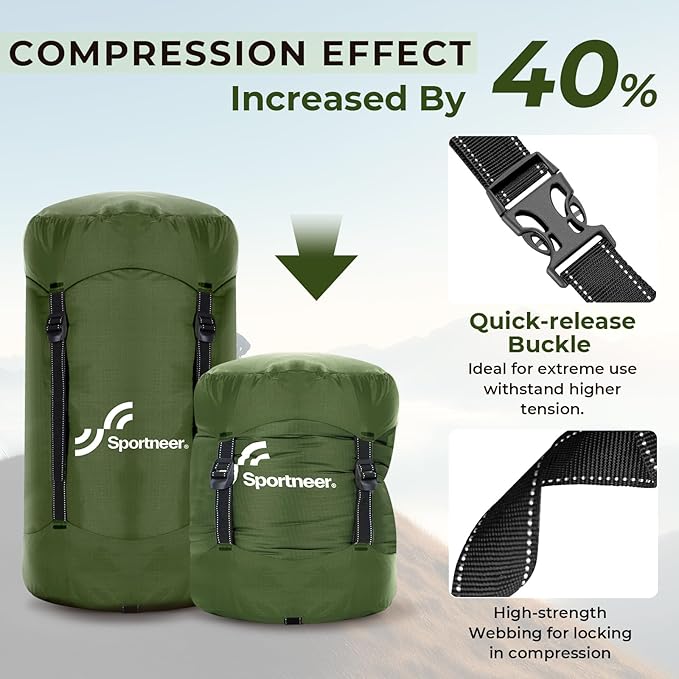 Sportneer Compression Sack, 13L/20L/40L/50L Sleeping Bag Stuff Sack, Tear-Resistant Ultralight Sleeping Bag Compression Sack-Space Saving Gear for Camping Hiking Travel