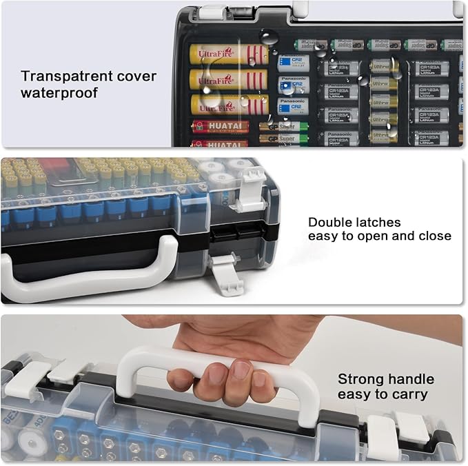 Battery Organizer Storage Holder Case with Double-Sided, Garage Box with Tester Checker. Batteries Container for 269pcs AA AAA AAAA 3A 4A 9V C D Lithium 4LR44 CR2 CR123A CR1632 CR2032 18650 - Black