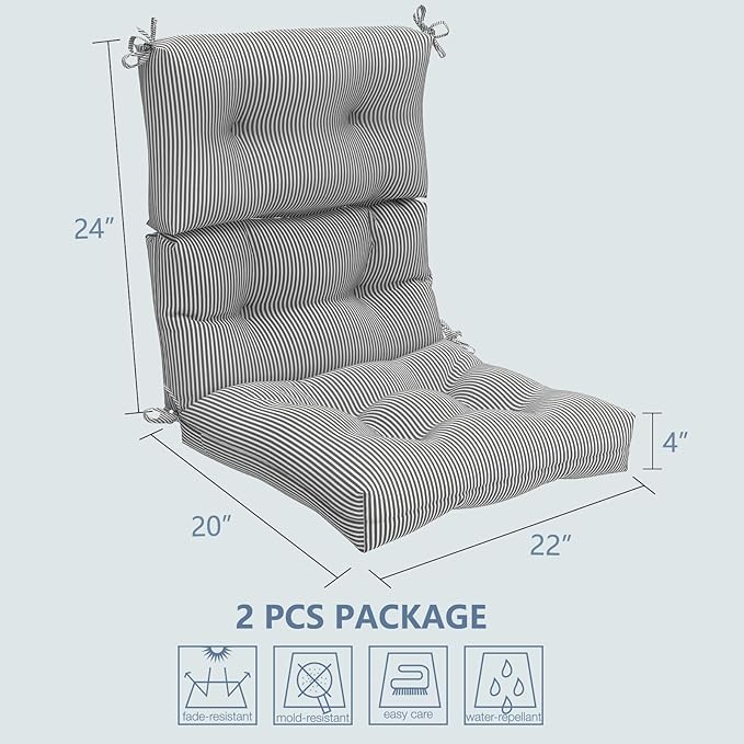 LVTXIII Outdoor 44x22-inch High Back Chair Cushions, Patio Solid Tufted Adirondack Chair Seat Cushions, Seasonal Replacement Rocking Chair Cushion with Ties, Set of 2, Strip Grey