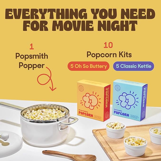 Popsmith Starter Bundle in Butter - 6 Quart Stovetop Popcorn Machine with 5 Movie Theater Popcorn & 5 Kettle Corn Popcorn Kits - Stainless Steel Popcorn Maker Compatible with All Stovetops