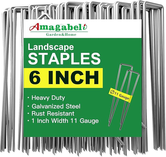 AMAGABELI GARDEN & HOME 6 Inch 200 Pack Galvanized Landscape Staples 11 Gauge Anti-Rust Heavy Duty Garden Staples Plant Cover Stakes U-Shaped Sod Pins Ground Fence Stakes for Weed Barrier Fabric