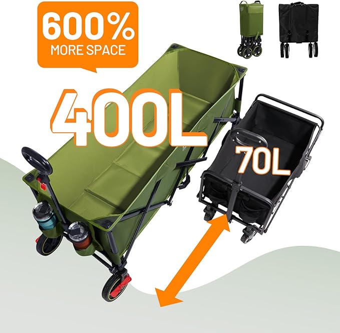 Timber Ridge 51.2'' Extended Collapsible Wagon Cart with Brakes and Cargo Net, 350LBS Heavy Duty Foldable Utility Wagon with Adjustable Handle, 400L Capacity Portable Cart for Camping Sports Shopping