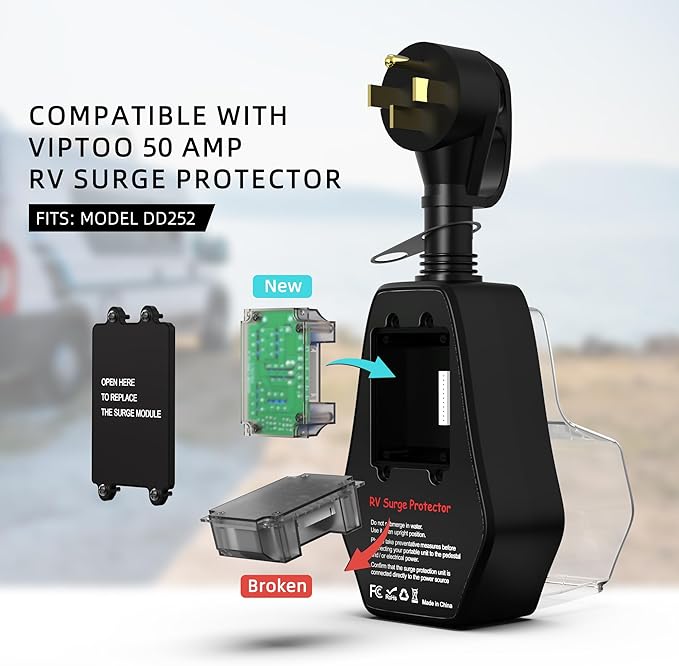 RV Surge Protector 50 Amp with Extra Replacement Module, 1.77" Smart LED Display, 12000 Joules Circuit Analyzer, Waterproof Design with Oversized Cover for Camper & Trailer Power Plug