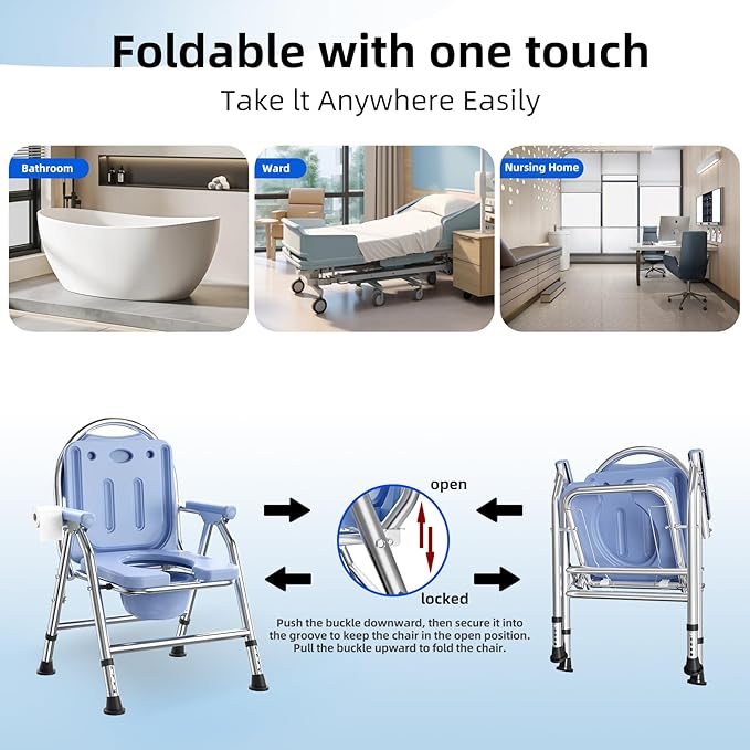 4 in 1 Folding Bedside Commode Chair for Elderly with Arms and Back,Adjustable Height Raised Toilet Seat with Handles,Adults Potty Chair for Seniors,Disabled,Holds Up to 350 lbs (ABS Plastic Seat)
