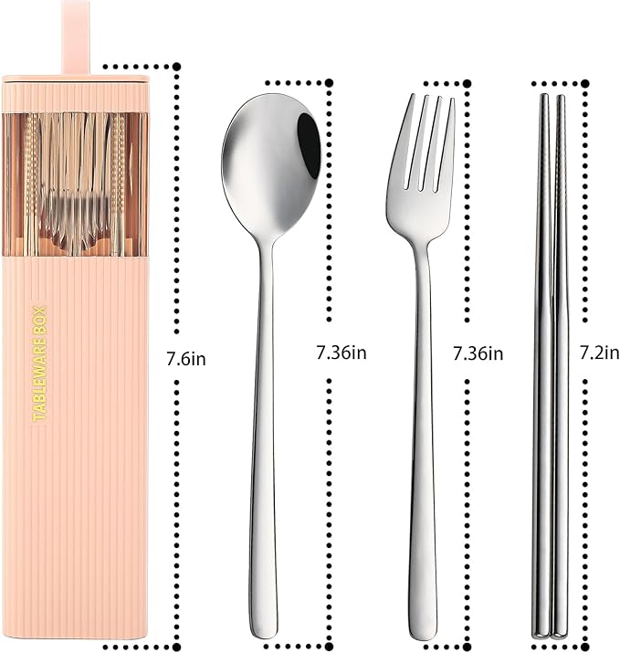 DEVICO Travel Utensils with Case, 18/8 Stainless Steel Reusable Silverware Set for Lunch Box, Portable Cutlery Set, Fork and Spoon Set for Camping, Lunch, Picnic, Workplace, School (Pink)