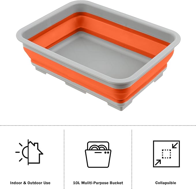 Collapsible Ice Bucket - 10-Liter Portable Outdoor Multi-Use Basin, Dish Tub, and Storage Basket for Camping and Tailgating by Wakeman (Orange)