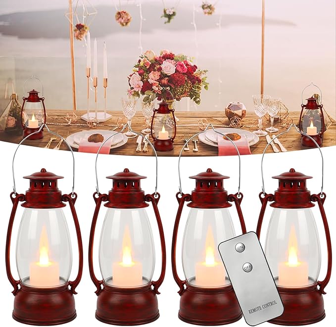 Vintage Red Lantern Decor With Remote Control, 8" Candle Lantern with Handle - Small Hanging Lanterns for Decorative Indoor & Outdoor Use - Perfect for Wedding Centerpiece