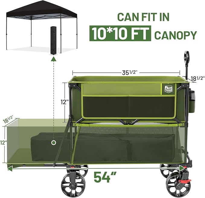TIMBER RIDGE 400L Large Capacity Folding Double Decker Wagon with Brakes, 54" Extra Long Extender Wagon Cart, 450lbs Heavy Duty Collapsible Cart, All-Terrain Big Wheels for Camping, Sports, Shopping