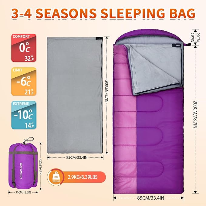 XL 10 Degree Sleeping Bags Waterproof for Adults 350GSM Machine Washable with Compression Sack for 3-4 Season Camping Outdoor