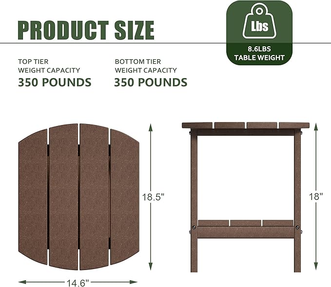 TORVA Patio Adirondack Side Table, Outdoor End Tables All-Weather Resistant HDPE Humidity-Proof Long Time Use for Deck, Lawn,Garden, Porch, Backyard End Table（Brown Color）(2 Tier)