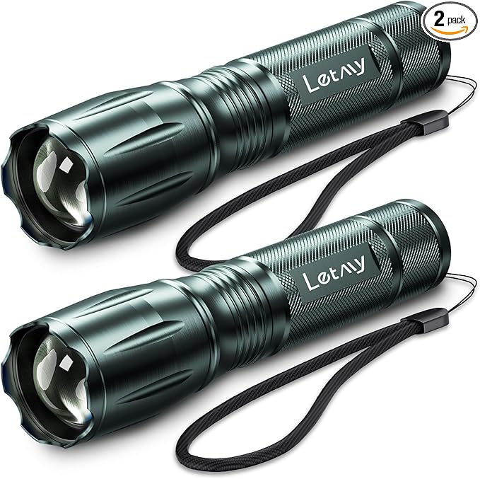 LETMY Tactical Flashlight - 2 Pack Bright Military Grade LED Flashlights High Lumens - Portable Handheld Flash Light, 5 Modes Zoomable Waterproof Flashlights for Home Emergency Camping- Gray