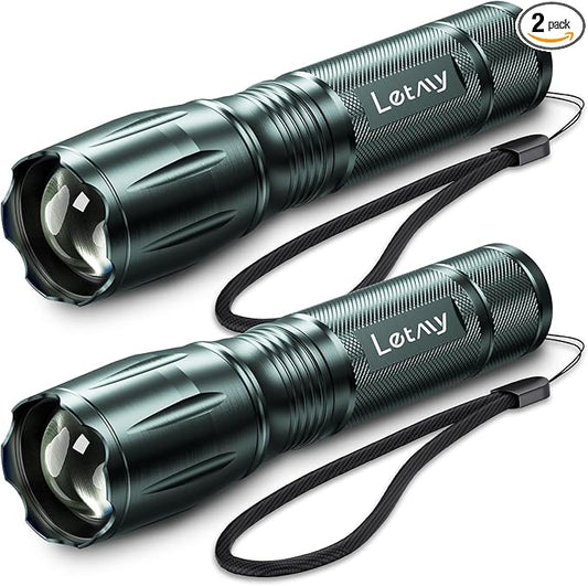 LETMY Tactical Flashlight - 2 Pack Bright Military Grade LED Flashlights High Lumens - Portable Handheld Flash Light, 5 Modes Zoomable Waterproof Flashlights for Home Emergency Camping- Gray