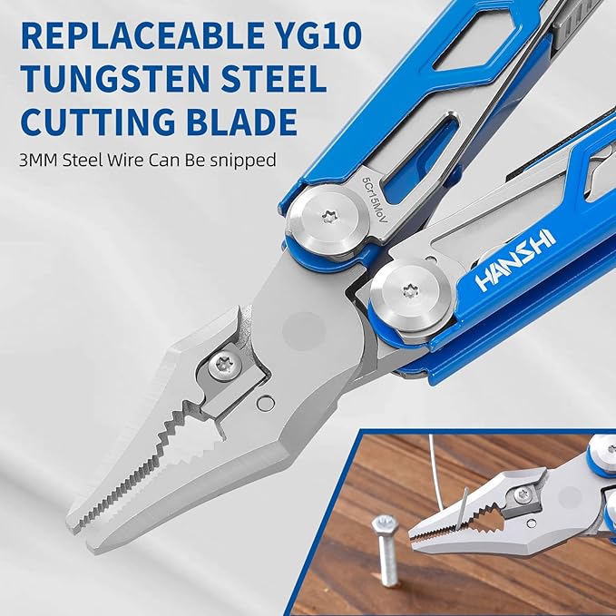 HANSHI Multitool Pliers, 22-in-1 YG10 Tungsten Steel Multi Tool with Scissors,Replaceable Wire Cutters, Flint, Window Breaker, Back Clip,Ideal for Camping, Survival and Gift(Blue)
