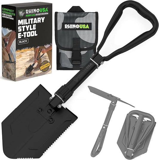 RHINO USA Folding Survival Shovel w/Pick - Heavy Duty Carbon Steel Military Style Entrenching Tool for Off Road, Camping, Gardening, Beach, Digging Dirt, Sand, Mud & Snow.