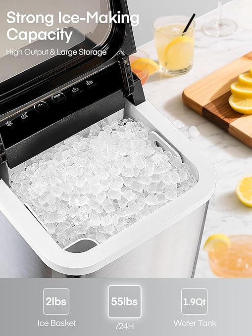 Nugget Ice Maker Countertop, 55lbs/24H Chewable Pellet Ice Machine with Self-Cleaning, Ready in 6 Minutes, Portable Ice Makers with Basket and Scoop for Home, Kitchen, Office (Silver)